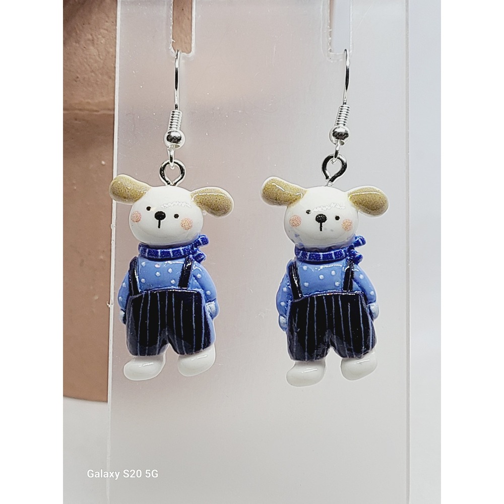 Blue Overalls Bear Puppy Drop Earrings Whimsical Animal Dangle Jewelry